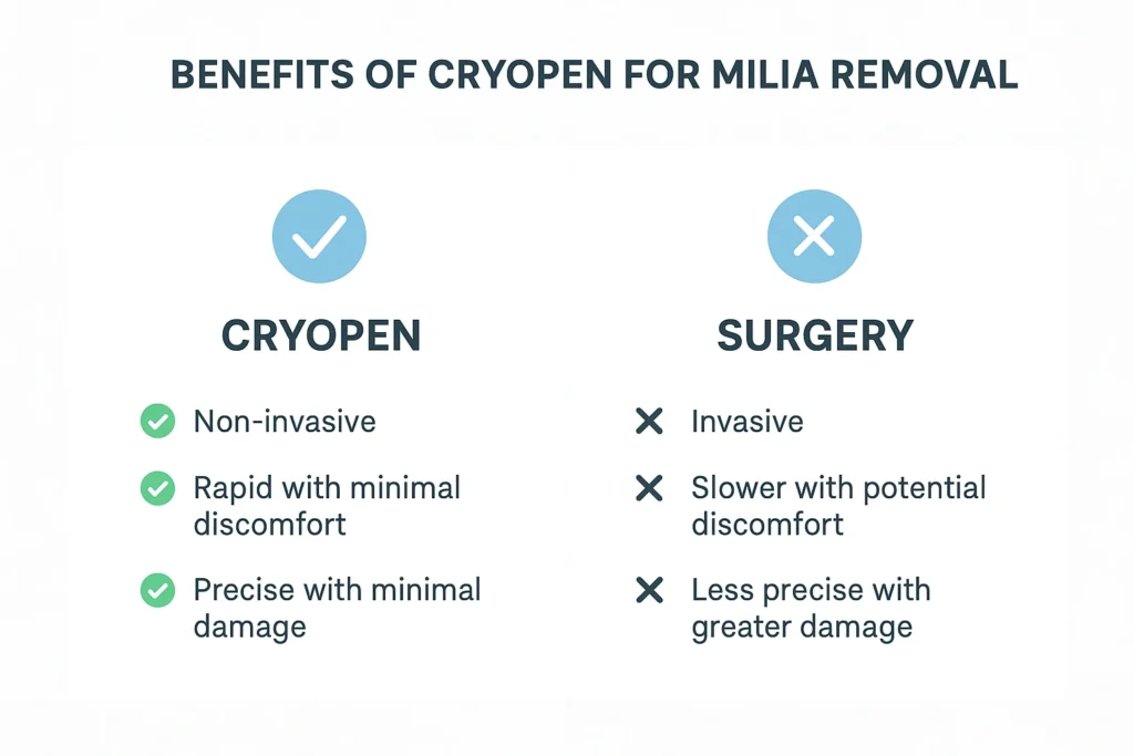 Benefits of cryopen for milia removal Balsall compared to surgical treatments.