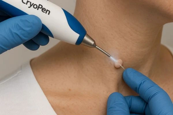 Person receiving cryotherapy Balsall for skin tag removal