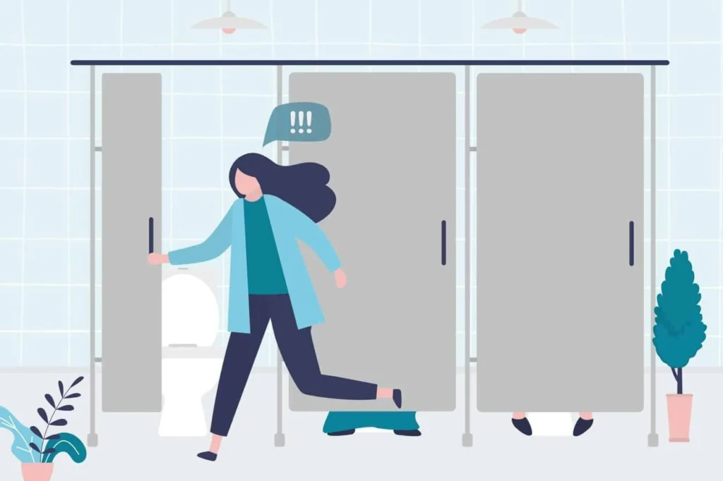 graphic of Urine incontinence Balsall woman running to the toilet.