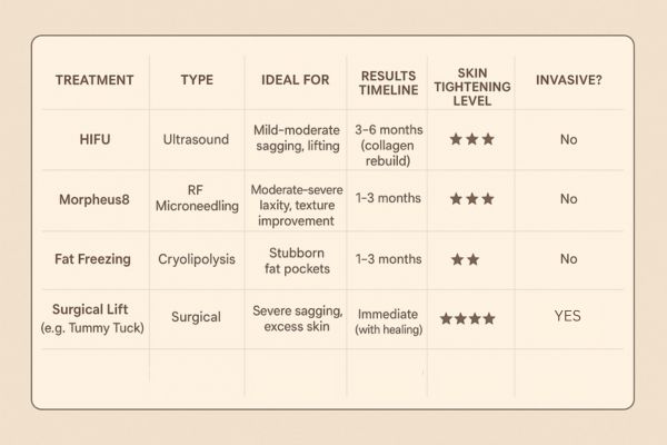 Table showing the comparisons of Skin tightening Balsall treatment options.